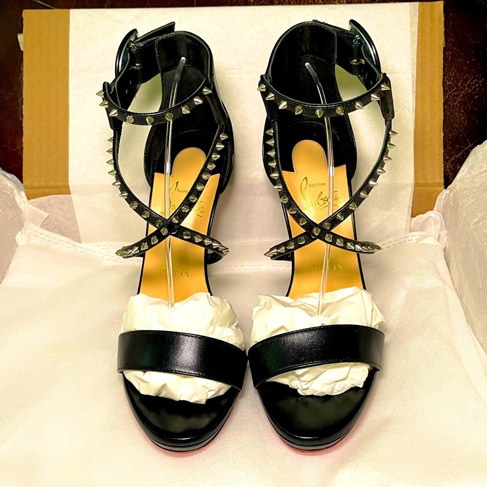 Christian Louboutin ChocaLux 100 spike Napa blk leather stiletto sandals EU 38.5 - Picture 2 of 11